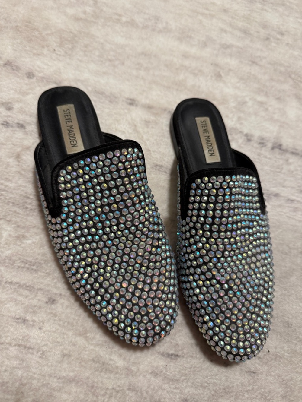 Steve Madden Black Iridescent Crystal Mule Slides